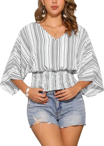 Allegra K Tops for Women's Summer Boho V Neck Print Chiffon Top Smocked Batwing Dolman Sleeve Blouses in Saudi Arabia