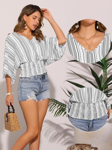 Allegra K Tops for Women's Summer Boho V Neck Print Chiffon Top Smocked Batwing Dolman Sleeve Blouses in Saudi Arabia