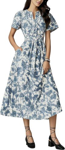 Women's Summer Boho Maxi Dresses Floral V Neck Tiered Short Sleeve Long Dress Flowy Beach Vacation Dress with Pockets in Kuwait
