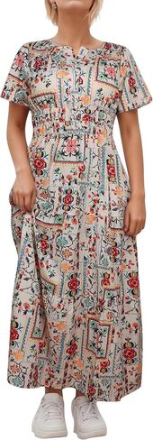 Women's Summer Boho Maxi Dresses Floral V Neck Tiered Short Sleeve Long Dress Flowy Beach Vacation Dress with Pockets in Kuwait