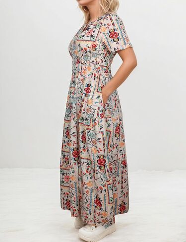 Women's Summer Boho Maxi Dresses Floral V Neck Tiered Short Sleeve Long Dress Flowy Beach Vacation Dress with Pockets in Kuwait