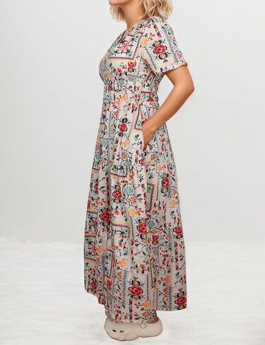 Women's Summer Boho Maxi Dresses Floral V Neck Tiered Short Sleeve Long Dress Flowy Beach Vacation Dress with Pockets in Kuwait