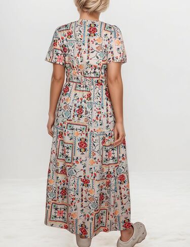 Women's Summer Boho Maxi Dresses Floral V Neck Tiered Short Sleeve Long Dress Flowy Beach Vacation Dress with Pockets in Kuwait