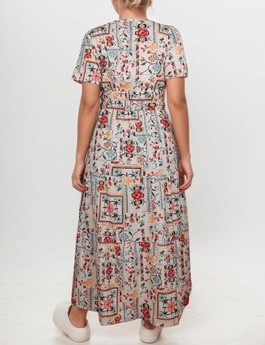 Women's Summer Boho Maxi Dresses Floral V Neck Tiered Short Sleeve Long Dress Flowy Beach Vacation Dress with Pockets in Kuwait