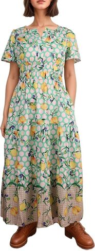 Women's Summer Boho Maxi Dresses Floral V Neck Tiered Short Sleeve Long Dress Flowy Beach Vacation Dress with Pockets in Kuwait