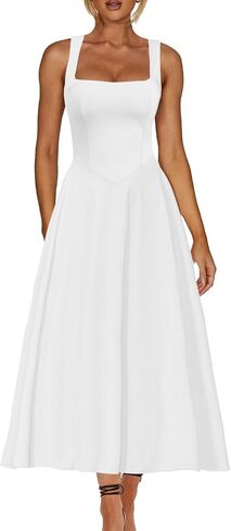 Kaximil Women's Square Neck Sleeveless A Line Maxi Dress Smocked Ruffle Flowy Casual Long Dresses in Kuwait