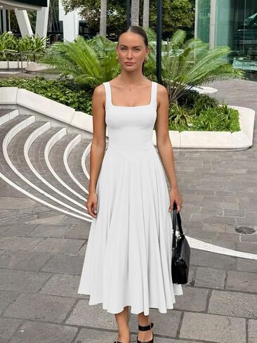 Kaximil Women's Square Neck Sleeveless A Line Maxi Dress Smocked Ruffle Flowy Casual Long Dresses in Kuwait