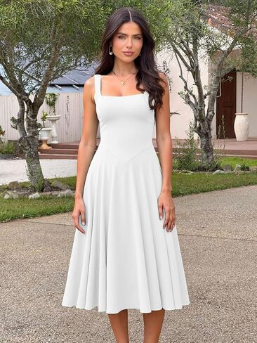 Kaximil Women's Square Neck Sleeveless A Line Maxi Dress Smocked Ruffle Flowy Casual Long Dresses in Kuwait