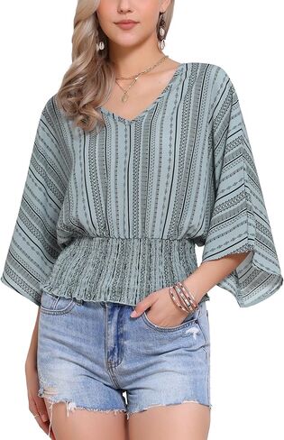 Allegra K Tops for Women's Summer Boho V Neck Print Chiffon Top Smocked Batwing Dolman Sleeve Blouses in Saudi Arabia