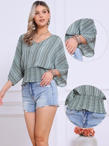 Allegra K Tops for Women's Summer Boho V Neck Print Chiffon Top Smocked Batwing Dolman Sleeve Blouses in Saudi Arabia