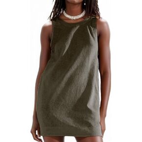 Womens Linen Mini Dress Beach Vacation Mini Overalls Dresses Crew Neck Sleeveless Summer Fashion Cute Clothes in Kuwait