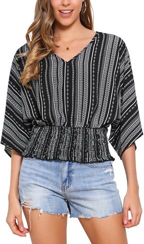 Allegra K Tops for Women's Summer Boho V Neck Print Chiffon Top Smocked Batwing Dolman Sleeve Blouses in Saudi Arabia