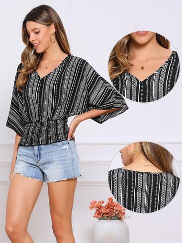 Allegra K Tops for Women's Summer Boho V Neck Print Chiffon Top Smocked Batwing Dolman Sleeve Blouses in Saudi Arabia