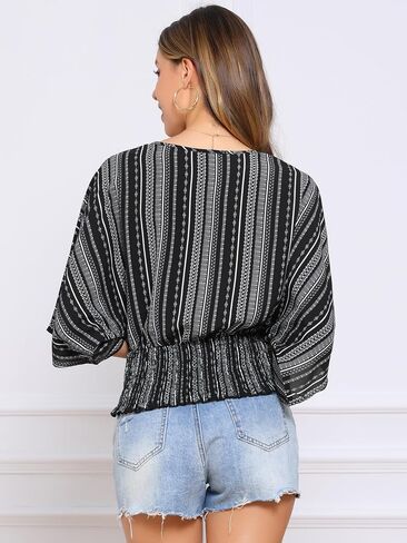 Allegra K Tops for Women's Summer Boho V Neck Print Chiffon Top Smocked Batwing Dolman Sleeve Blouses in Saudi Arabia
