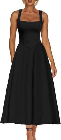 Kaximil Women's Square Neck Sleeveless A Line Maxi Dress Smocked Ruffle Flowy Casual Long Dresses in Kuwait