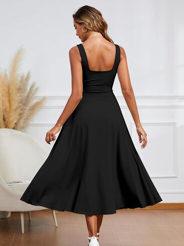 Kaximil Women's Square Neck Sleeveless A Line Maxi Dress Smocked Ruffle Flowy Casual Long Dresses in Kuwait