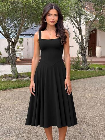 Kaximil Women's Square Neck Sleeveless A Line Maxi Dress Smocked Ruffle Flowy Casual Long Dresses in Kuwait