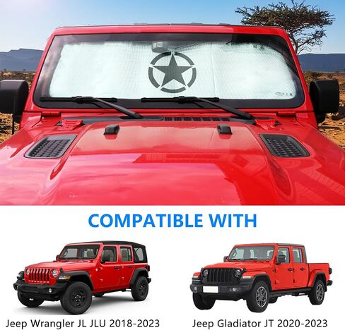 النافذة الأمامية Sunshade متوافقة مع 2018-2023 Jeep Wrangler JL Jlu 4xe Gladiator JT Windshield Sun Blocks الأشعة فوق البنفسجية واقي من أشعة الشمس وطيب النافذة الأمامية الظلال ، النجمة in Kuwait