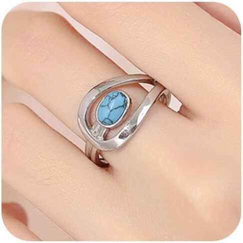 Turquoise Ring Fashion Jewelry Vintage Silver Fashionable Openwork Geometric Belt Buckle Shape Blue Turquoise Ring Size 6-10 for Women(8) in Kuwait