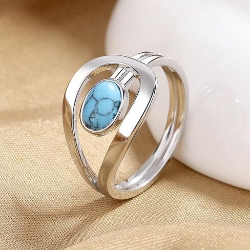 Turquoise Ring Fashion Jewelry Vintage Silver Fashionable Openwork Geometric Belt Buckle Shape Blue Turquoise Ring Size 6-10 for Women(8) in Kuwait