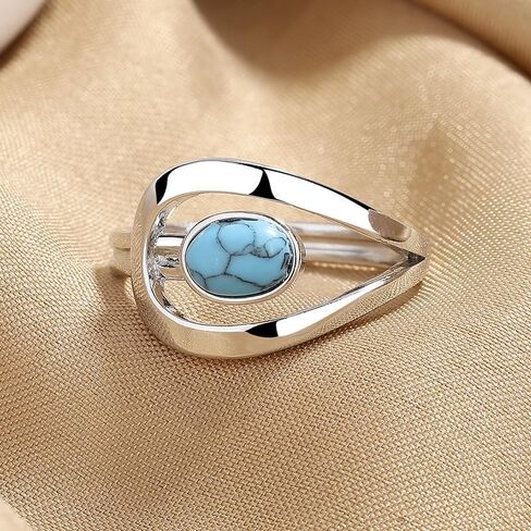 Turquoise Ring Fashion Jewelry Vintage Silver Fashionable Openwork Geometric Belt Buckle Shape Blue Turquoise Ring Size 6-10 for Women(8) in Kuwait