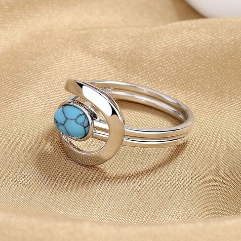 Turquoise Ring Fashion Jewelry Vintage Silver Fashionable Openwork Geometric Belt Buckle Shape Blue Turquoise Ring Size 6-10 for Women(8) in Kuwait