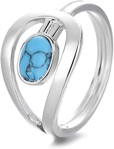 Turquoise Ring Fashion Jewelry Vintage Silver Fashionable Openwork Geometric Belt Buckle Shape Blue Turquoise Ring Size 6-10 for Women(8) in Kuwait