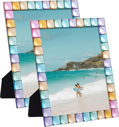 eletecpro 4x6 Decorative Glitter Jewel Picture Frame with Real Glass and Multicolor Acrylic Adorned, Beach Style for Artwork Funny Office Decor, Rainbow in Kuwait
