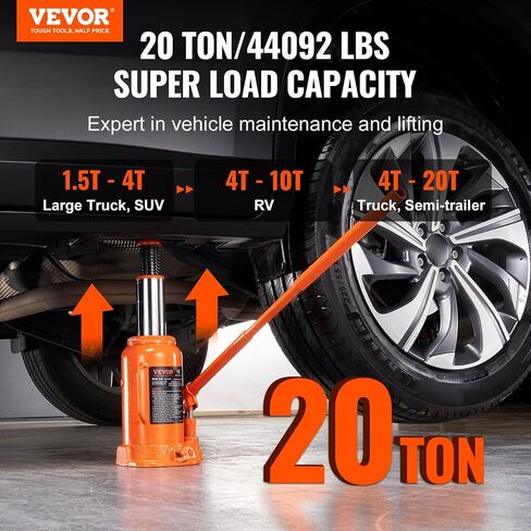 VEVOR Hydraulic Bottle Jack, 20 Ton/44092 lbs Low Profile Welded Bottle Jack with 6.69''-12.6'' Lifting Range & 3-Section Long Handle, for Car, Pickup, Truck, RV, Auto Repair, Industrial Engineering in Kuwait