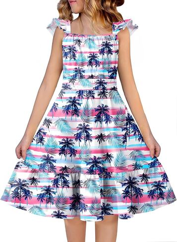 Arshiner Girls Dress Summer Casual Flutter Sleeve Tiered Midi Sundress with Pockets for 5-13 Years in Saudi Arabia