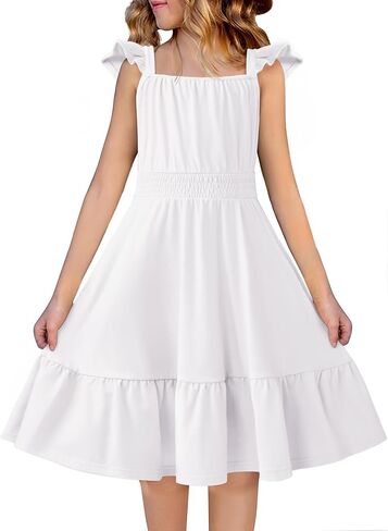 Arshiner Girls Dress Summer Casual Flutter Sleeve Tiered Midi Sundress with Pockets for 5-13 Years in Saudi Arabia
