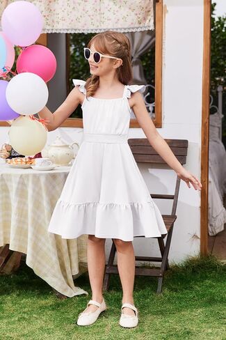 Arshiner Girls Dress Summer Casual Flutter Sleeve Tiered Midi Sundress with Pockets for 5-13 Years in Saudi Arabia