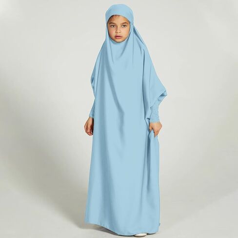 Iwemek Kids Asslim Dress for Girls Rooded Abaya مع حجاب صلاة الإسلامية ترامضان غلاف كامل Burka Jilbab Kaftan Robe in Kuwait