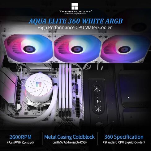 مبرد وحدة المعالجة المركزية السائل Thermalright Aqua Elite 360 ​​ARGB V4، حجم صف تبريد 360 AIO، 3 × 120 مم مراوح PWM، مبرد وحدة المعالجة المركزية للكمبيوتر، لـ AMD: AM4/AM5، Intel LGA1851/1150/1151/1200/2011/ 1700 in Saudi Arabia