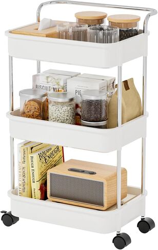 3 Tier Rolling Cart with Wheels，Utility Cart Storage Cart with Handle for Kitchen，Bathroom Storage Cart,Laundry Cart,Movable Room Organizers and Storage,Book Cart,Snack Cart,Craft Cart in Saudi Arabia