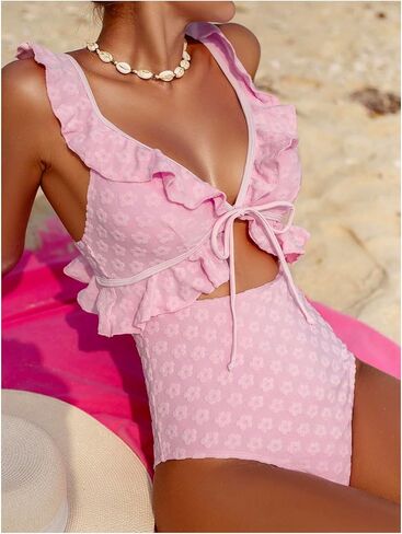 Sweatyrocks Women's Cut Out Frank Floral One One Swimsuit Tie Tie Monokini Suit in Kuwait
