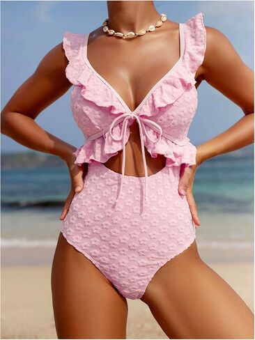 Sweatyrocks Women's Cut Out Frank Floral One One Swimsuit Tie Tie Monokini Suit in Kuwait