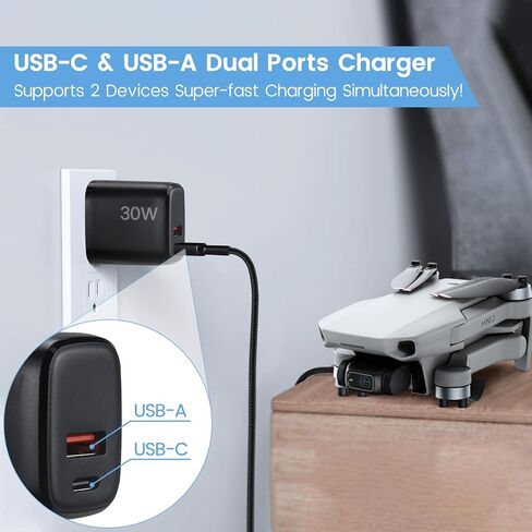 PD 65W USB C Fast Charger for DJI Neo, Air 3S, Mini 4K, Mini 4 Pro, Mini 2 SE, Avata 2, Mavic 3 Drones, Dual Port USB + Type C Wall Charger with C to C Charging Cable for DJI FPV Accessories, 6ft Long in Saudi Arabia