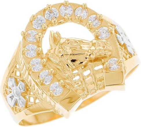 10k Two Tone Solid Gold Horse Lucky Horseshoe CZ Mens Ring in Saudi Arabia