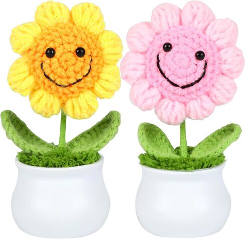 H&W 2PCS ابتسامة نابضة بالحياة كروشيه عباد الشمس الزهور الاصطناعية ، مثالية لمكتب مكتب لوحة القيادة والسيارة ، هدايا عيد ميلاد عيد الأم المثالية ، الساحرة (الذهبي والوردي) in Saudi Arabia