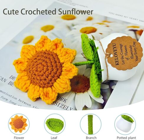 Crochet Flowers Bouquet Crochet Sunflower Crochet Potted Plants Knitted Flowers Pots Cute Desk Decor Car Dashboard Home Office Decor Mothers Day Valentines Day Birthday Gifts (Orange) in Saudi Arabia
