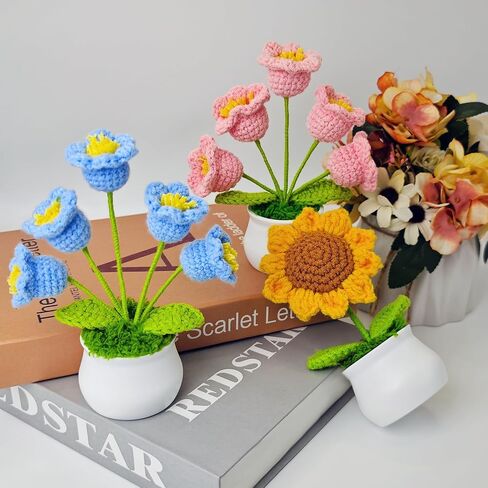 Crochet Flowers Bouquet Crochet Sunflower Crochet Potted Plants Knitted Flowers Pots Cute Desk Decor Car Dashboard Home Office Decor Mothers Day Valentines Day Birthday Gifts (Orange) in Saudi Arabia