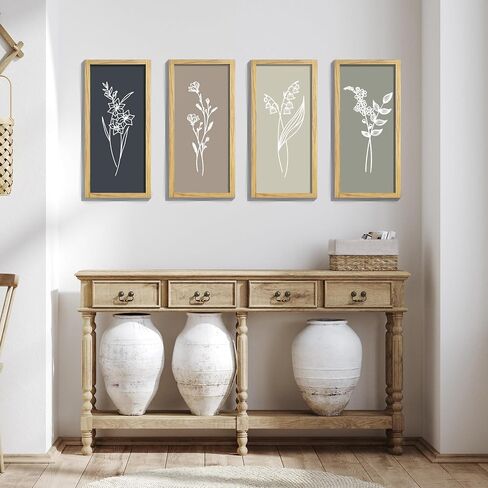 LITIVY Boho Wall Art 16"x7" Wooden Framed Floral Set of 4 Rustic Minimalist Botanical Farmhouse Bathroom Living Room Wall Decor (Naturals) in Kuwait
