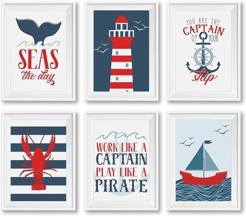 Hadley Designs 6 Reversible 8x10 Nautical Wall Art Prints-Home, Nursery and Bathroom Decor, Baby Shower Decorations, Theme Party Supplies in Saudi Arabia