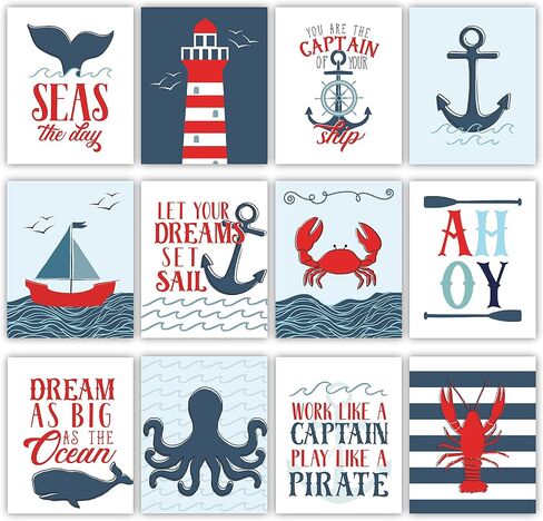 Hadley Designs 6 Reversible 8x10 Nautical Wall Art Prints-Home, Nursery and Bathroom Decor, Baby Shower Decorations, Theme Party Supplies in Saudi Arabia