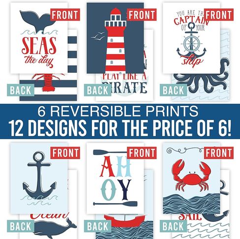 Hadley Designs 6 Reversible 8x10 Nautical Wall Art Prints-Home, Nursery and Bathroom Decor, Baby Shower Decorations, Theme Party Supplies in Saudi Arabia