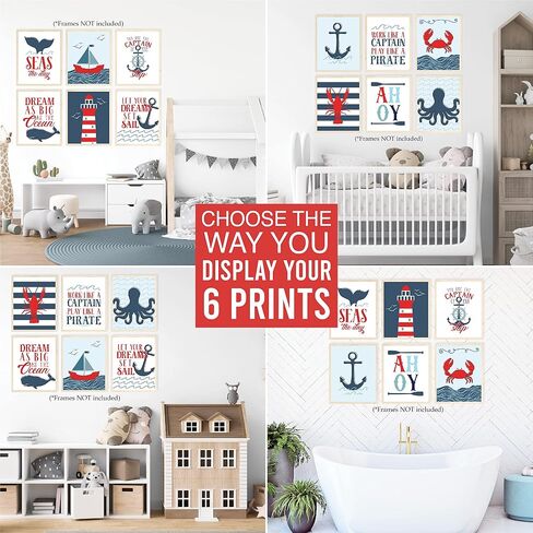 Hadley Designs 6 Reversible 8x10 Nautical Wall Art Prints-Home, Nursery and Bathroom Decor, Baby Shower Decorations, Theme Party Supplies in Saudi Arabia