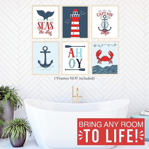 Hadley Designs 6 Reversible 8x10 Nautical Wall Art Prints-Home, Nursery and Bathroom Decor, Baby Shower Decorations, Theme Party Supplies in Saudi Arabia