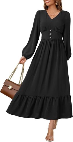 Dokotoo Womens Dresses Fashion 2025 Long Sleeve v Neck Maxi Dresses Elegant Nased Flowy Tiered Boho Beach Extivities in Kuwait
