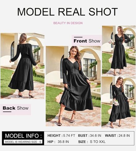 Dokotoo Womens Dresses Fashion 2025 Long Sleeve v Neck Maxi Dresses Elegant Nased Flowy Tiered Boho Beach Extivities in Kuwait